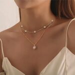 Trinckle Gold Pearl Necklace, 6 mm Pearl Choker Necklace 15” Pearl Necklaces for Women as Valentine Jewelry Dainty Gold Choker Necklaces Bride Bridesmaid Gifts Wedding Birthday Beach Accessories