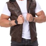 FANARCHER Men’s Vintage Faux Leather Vest Jacket Zip-up Classic Hipster Vest with Hood Sleeveless Jacket