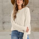 ANRABESS Sweaters for Women Oversized Crewneck Long Sleeve Casual Loose Cable Knit Pullover Tops 2024 Fall Vintage Clothes Apricot Medium