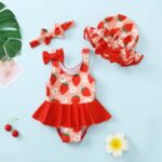 Baby Girl One Piece Swimsuit Red Bathing Suit Infant Strawberry Strap Sleeveless Swimsuit Vintage Beach Swimwear Baby Swim Bathing Suit 3-6 Months