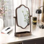 HuiDao Vintage Tabletop Makeup Mirror with Tray, Metal Antique Decorative Mirror with Stand, 360°Swivel Retro Desktop Dressing Mirror Countertop, Bedroom,Bathroom, Living Room