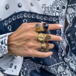 XUN Zhe Vintage Gold Silver Punk Rings for Men Women,Cool Gothic Ring Set,Chunky Stackable Joint Knuckle Rings,Retro Skull Ace Malachite Rings (Silver Gold)