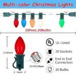 SOTOPOO C7 Vintage Christmas Lights Outdoor, 20FT Ceramic C7 Chrsitmas Lights Colorful Christmas Lights Multicolor Christmas Tree Lights for Christmas Tree Home Yard Christmas Decor, 20+2Pcs Bulbs