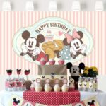 Classic Mickey and Minnie Backdrop Happy Birthday Vintage Vertical Pink Stripe Background Retro Banner for Kids Party Decorations 5×3 ft 551