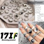 35 Pcs Vintage Silver Knuckle Rings Set for Women Men, Grunge Gothic Rings Chunky Aesthetic Snake Stackable Ring Adjustable Y2K Punk Bulky Boho Finger Alt Fairy Skull Frog Heart Star Flower Midi Ring Pack