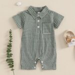 Karuedoo Newborn Baby Boy Clothes Gingham Polo Short Sleeve Romper Jumpsuit Plaid Button Down Collared Bodysuit Summer Outfit (Vintage, 6-12 Months)